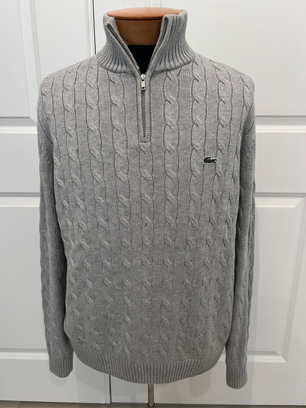 Lacoste Men's Light Gray Cable Knit Half-Zip Sweater